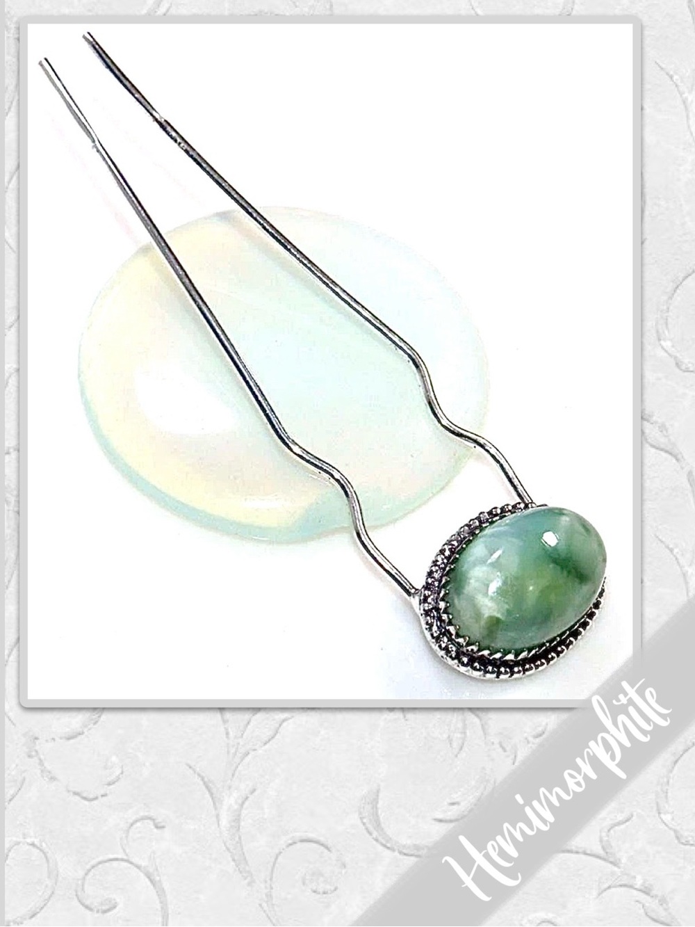 Hemimorphite Large Eclectic Silver Artisan Hair Pin, 3.9” (Mint to Sage Green)